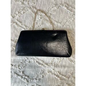 Vintage 1950s Mid-Century Modern Black Gold Faux Leather Clutch Bag Purse